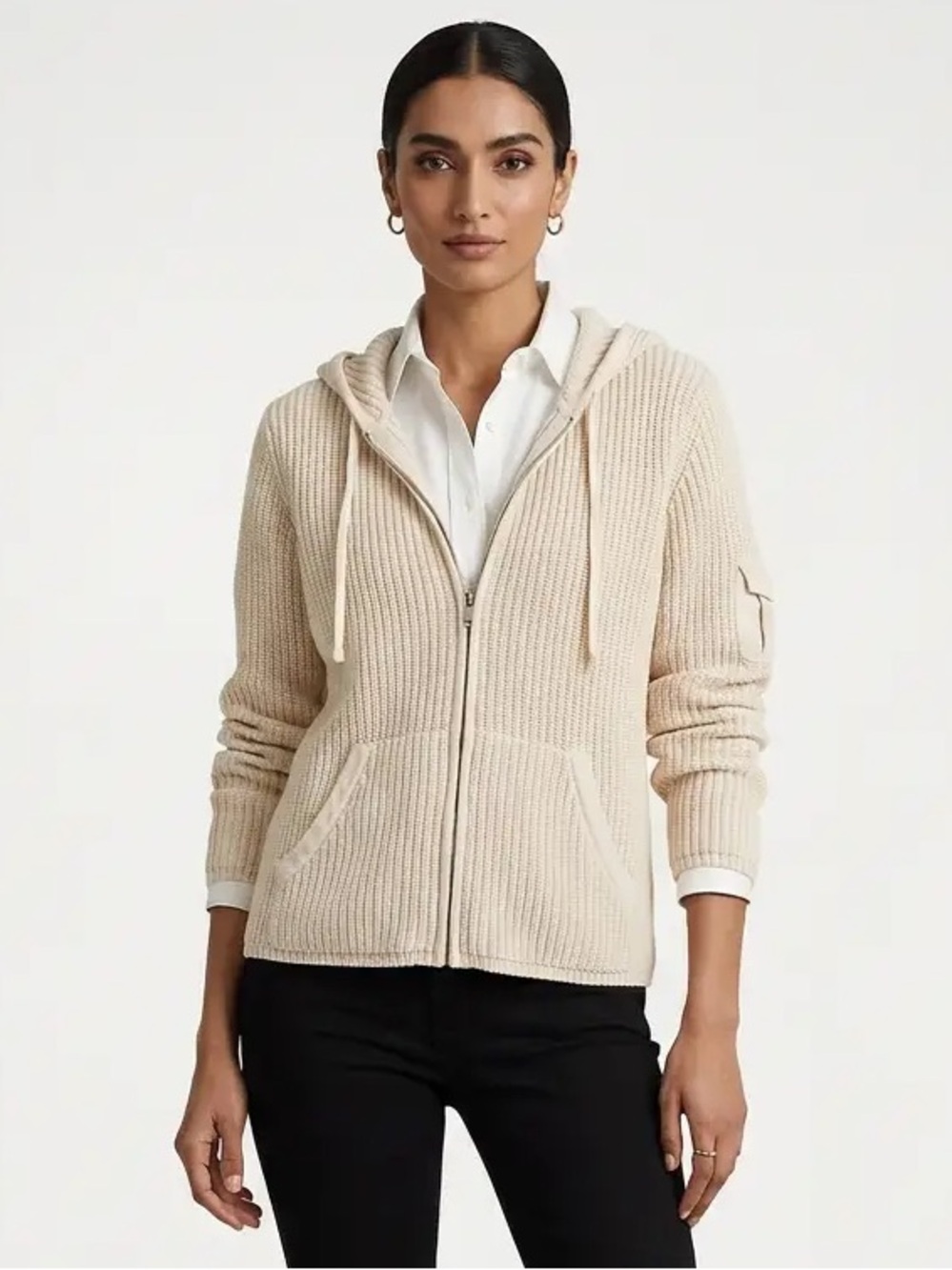 Woolrich Cream Ribbed Zip-Up Hoodie Cardigan